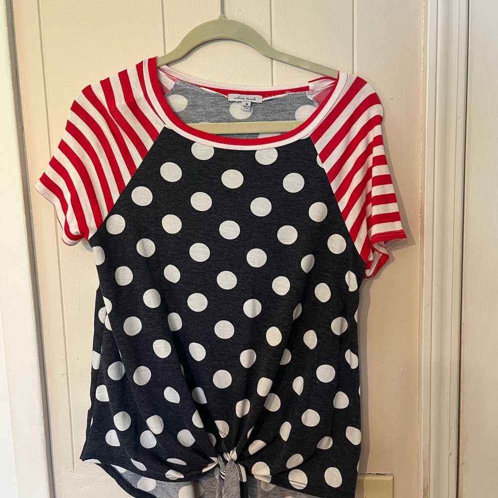 White Birch Red, white Navy Polka Dot stripe sleeve  Top